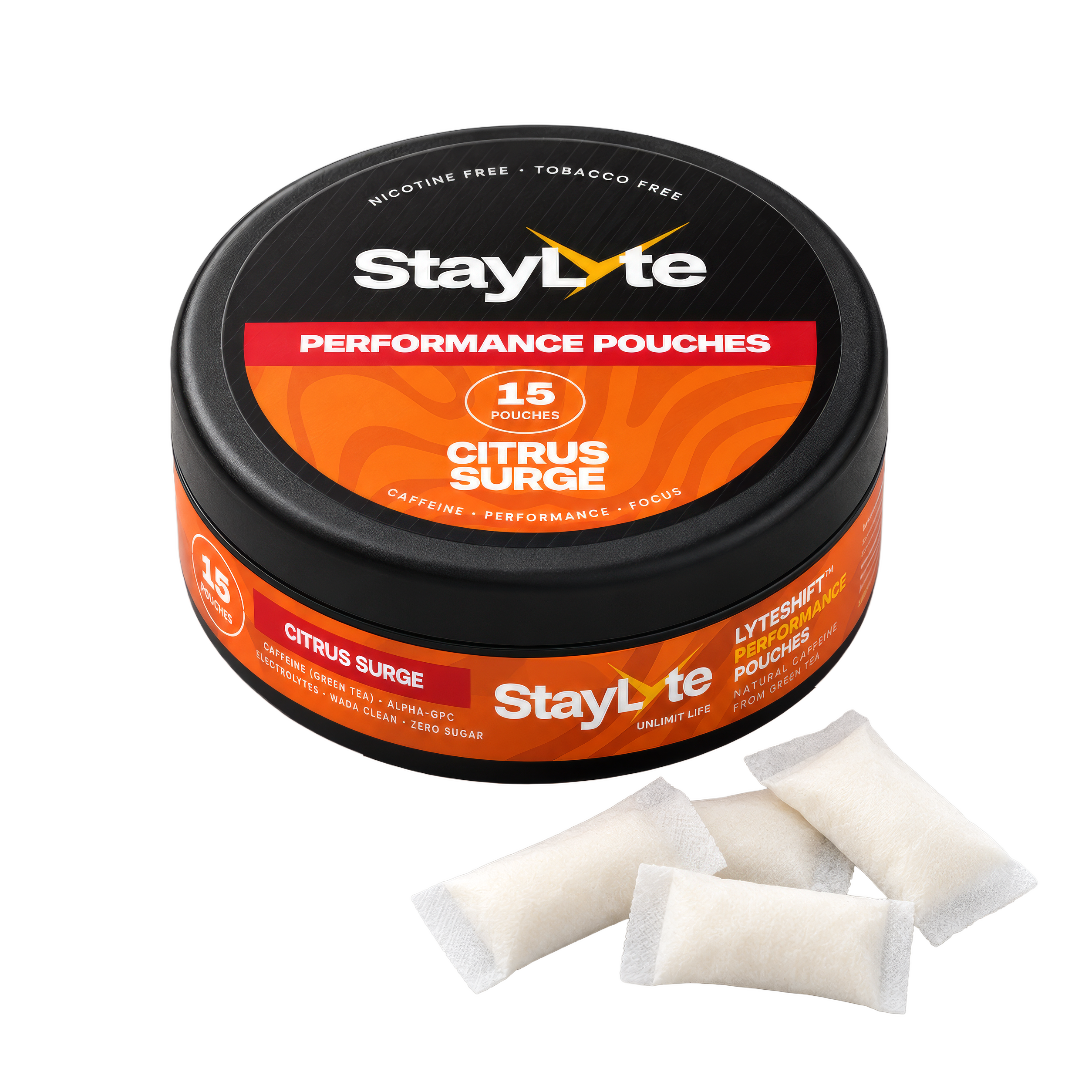 LyteFocus Citrus Surge nicotine-free performance pouch can